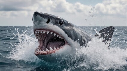 Fototapeta premium Great White Shark Leaping Out of the Ocean with Open Mouth.