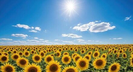 A vast sunflower field under a clear blue sky with a bright sun shining down.