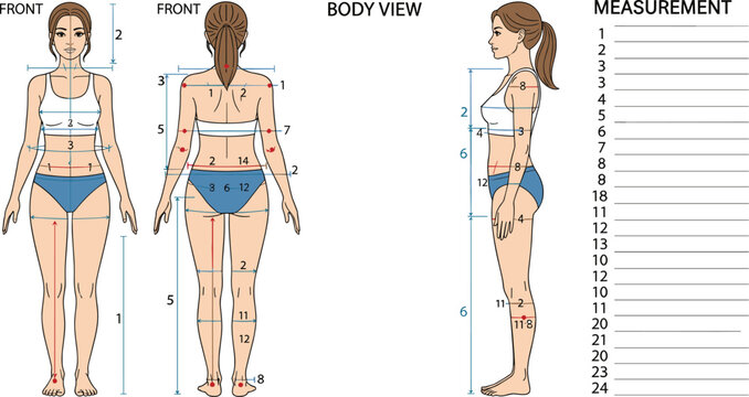 Female body size measurement chart vector illustration featuring front, back, and side views with numbered lines for apparel industry and tailoring projects.