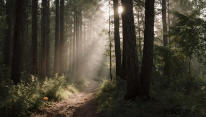 Fototapeta premium Morning sun rays filtering through tall trees in a tranquil forest.