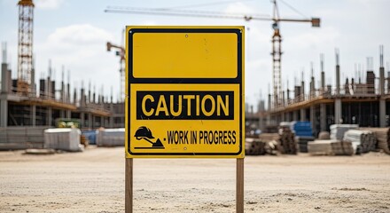 A yellow caution sign with black text on a construction site background.