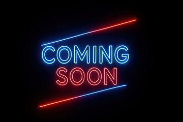 Stylish glowing neon illustration displaying blue coming text and red soon message framed by slanted bright lines on dark background