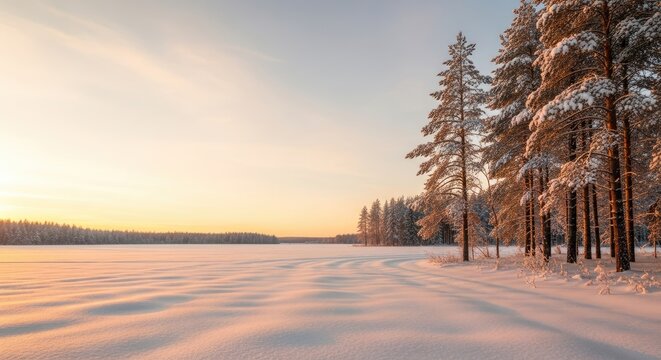 Snow-covered landscape with pine trees and a frozen lake at sunset.