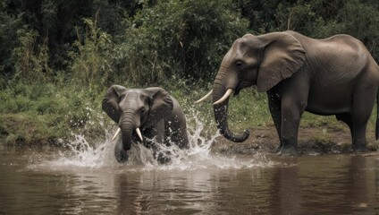 Fototapeta premium Playful Young Elephant Splashes Water Beside Adult in Jungle River.