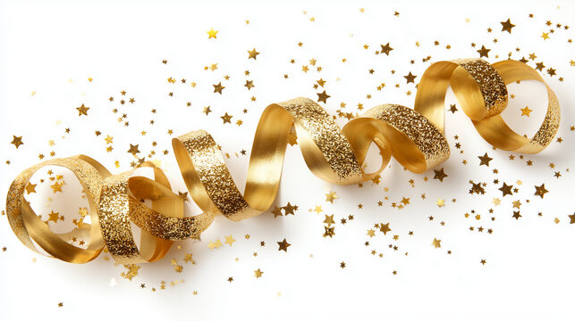 gold glitter ribbon decoration, golden party confetti ribbon, festive gold spiral decor
