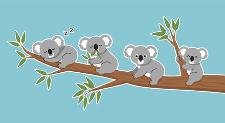 Cartoon koala illustration, cute animal vector, tree branch clipart, sleeping koala drawing, eucalyptus eating pose, wildlife character set, playful style, nature theme © Rejowanul Expressive