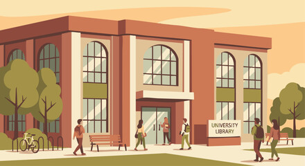“University library exterior with students entering, clean flat architecture style, soft warm palette.”