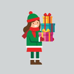 A girl in winter clothes holding multiple colorful Christmas gift boxes, showing festive atmosphere.