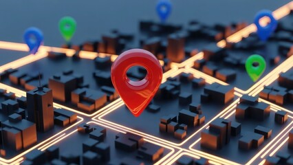 3D rendering of a city map with location pins marking various points of interest.