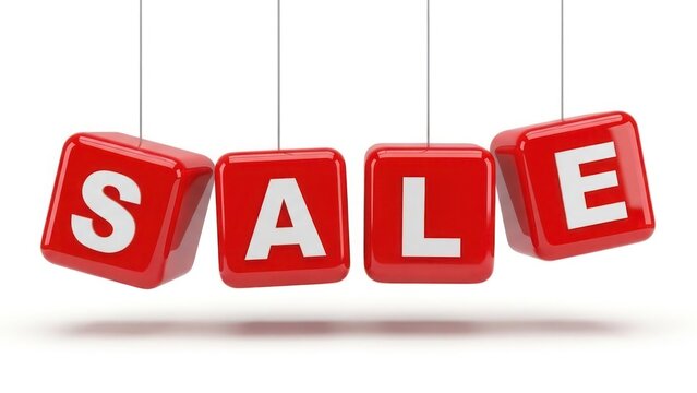 Red cubes spelling "SALE" are suspended in the air, advertising a promotion.