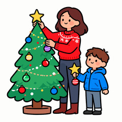 Fototapeta premium A mother and child are decorating a Christmas tree with colorful ornaments, creating a festive and warm atmosphere.