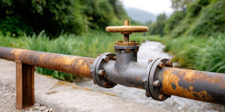 Rusty pipeline with valve crossing a rural stream - Powered by Adobe