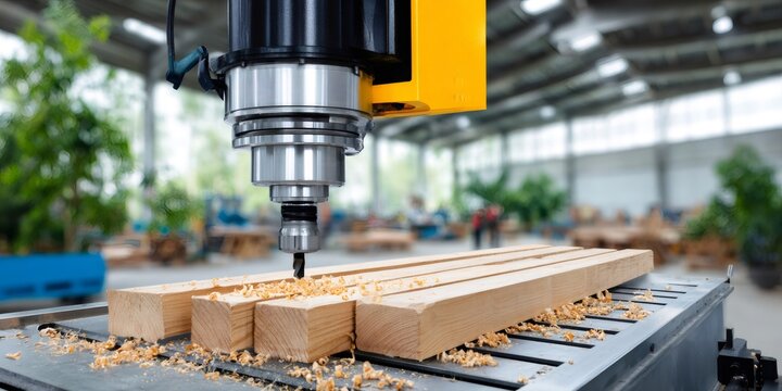 CNC machine milling wood in modern factory workshop