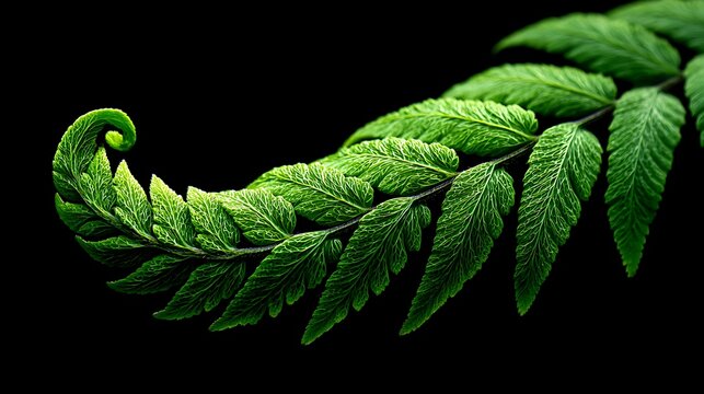 Close-up of a vibrant green fern frond against a black background.