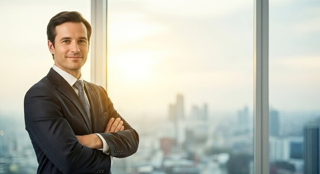 A man in a suit standing in front of a window with a cityscape in the background.