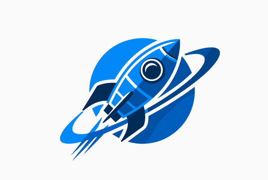 Modern blue vector logo design of a rocket flying around a planet, symbolizing innovation and space exploration.
