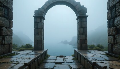 Ancient Stone Archway Framing a Misty Coastal Landscape View