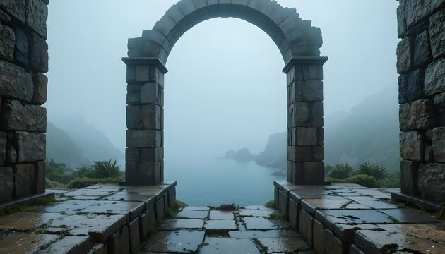 Ancient Stone Archway Framing a Misty Coastal Landscape View - Powered by Adobe