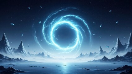 A mesmerizing celestial vortex of swirling blue light over a mountainous landscape.