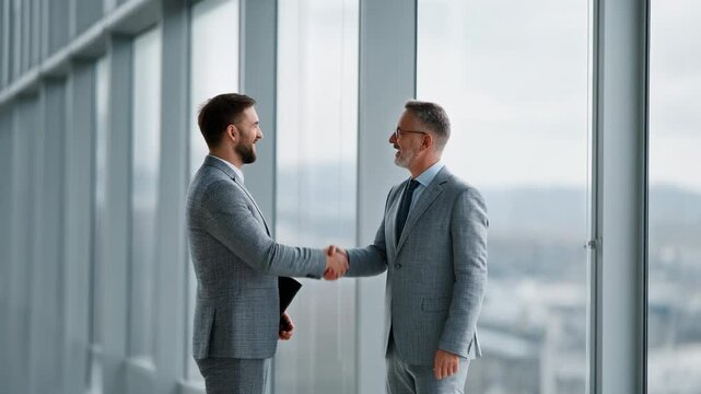 Professional Businessmen Shaking Hands in Modern Office with City View