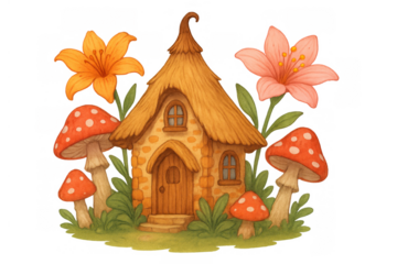 Whimsical fantasy house with a thatched roof, surrounded by toadstools and blossoming lilies, transparent background