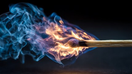 Burning matchstick with vibrant flames against a dark background.