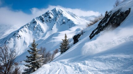 Winter mountain landscape with snow blowing from peaks