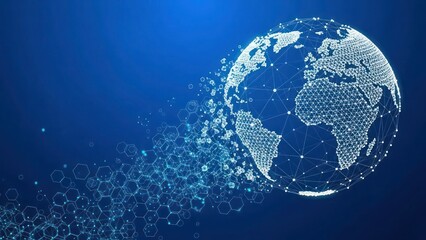Digital globe illustration with connecting dots and lines, representing global network or data flow on a blue gradient background.