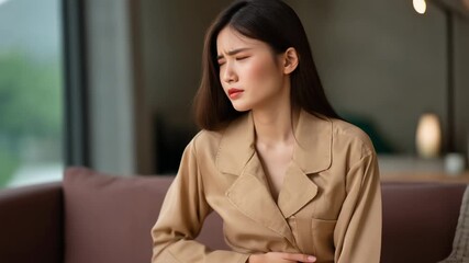Emotional portrait of a woman experiencing discomfort in a modern indoor setting