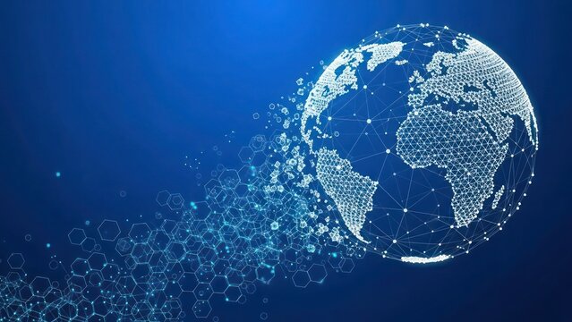 Digital globe illustration with connecting dots and lines, representing global network or data flow on a blue gradient background.