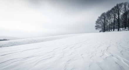 Obraz premium A snow-covered landscape with a forested hillside in the distance.