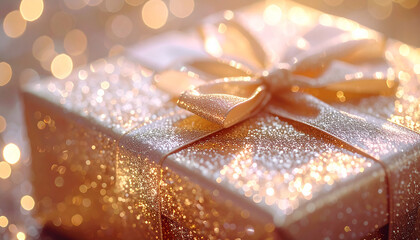 Glittering Gift: A beautifully wrapped gift box, adorned with a delicate ribbon bow, sparkles with an enchanting glitter effect, perfect for conveying the joy and excitement of a special occasion.