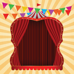 Red and White Circus frame Funfair and carnival, with colorful flags	