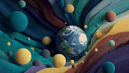 Abstract Earth Surrounded by Colorful Spheres and Flowing Textures: A Modern, Stylized Conceptualization of World Connectivity and Global Networks