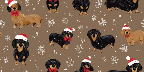 seamless pattern featuring realistic dachshund dogs wearing Santa hats and bows with snowflakes, ideal for textiles, packaging, fabrics, wallpapers, branding, stationery, wrapping paper, home decor.