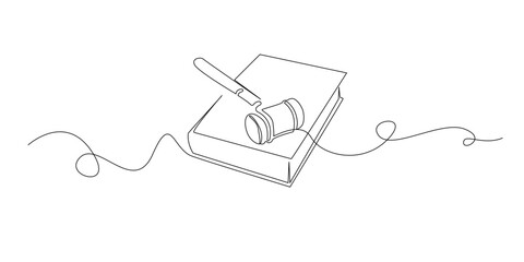 Continuous line drawing of a judge’s gavel resting on a law book.
One line illustration representing justice, legal decisions, court authority, law enforcement, and the judicial system.