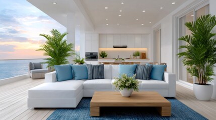 Luxury outdoor lounge terrace with ocean view at sunset