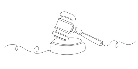 Continuous line drawing of a judge’s gavel.
One line drawing illustrating a gavel used in courtrooms to represent law, justice, authority, legal decisions, and judiciary symbolism.