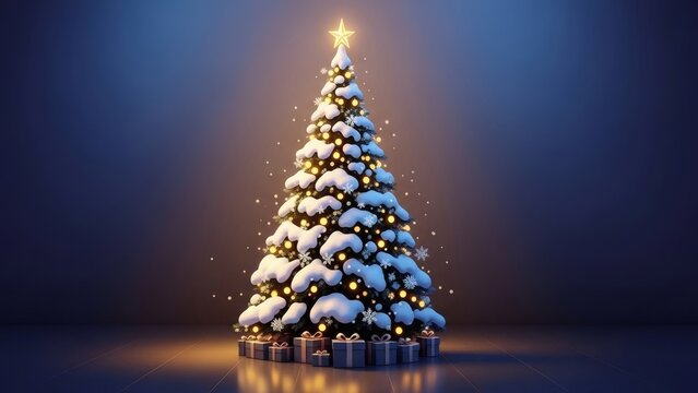 Stylized Digital Illustration of Conical Snowy Christmas Tree with Golden Lights