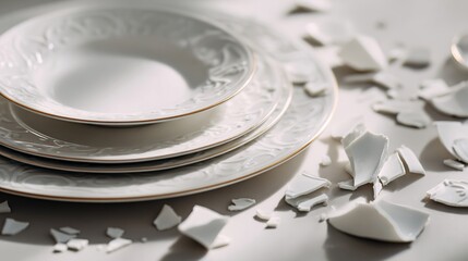 porosity. Broken porcelain fragments beside a flawless dinnerware set on a neutral tabletop. wellbeing guides, coaching materials, designed for mental health education and mindfulness programs.