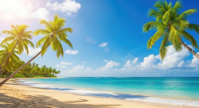 Two palm trees on a sandy beach with a clear blue sky. - Powered by Adobe