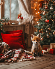 Baby fox sitting near a Christmas tree in a warm and cozy festive room