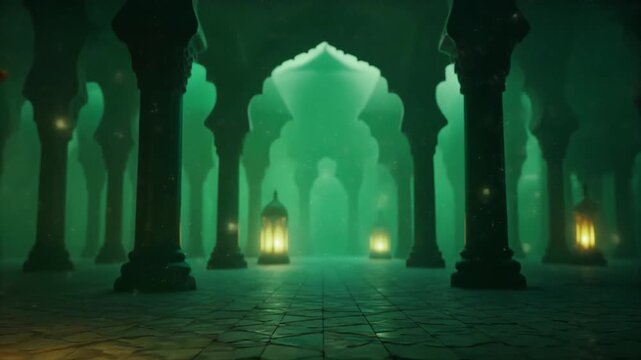 Mystical, green-lit hall with arches and lanterns.