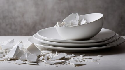 porosity. Broken porcelain fragments beside a flawless dinnerware set on a neutral tabletop. wellbeing guides, coaching materials, designed for mental health education and mindfulness programs.