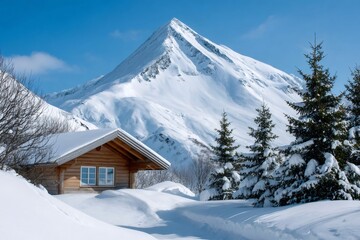 Wooden log cabin in a snowy mountain winter landscape