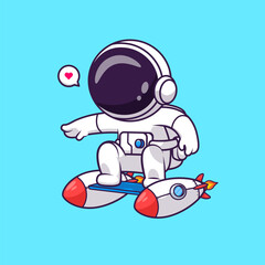 Cute Astronaut Playing Ski With Rocket In Space Cartoon