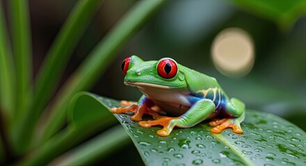 Fototapeta premium A vibrant green frog with red eyes perched on a leaf with water droplets.
