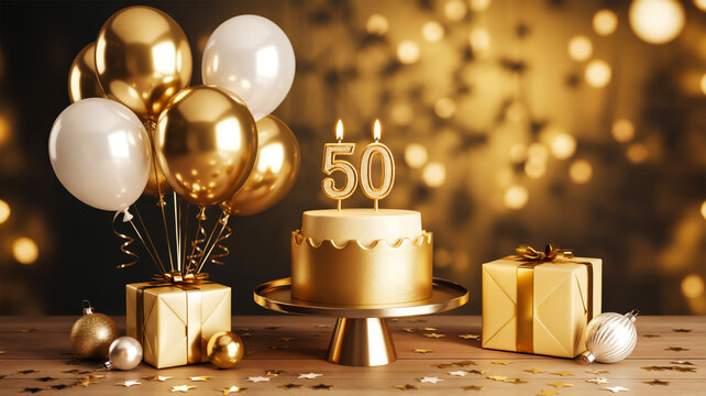 A luxurious 50th birthday celebration scene with a gold and cream-colored two-tiered cake on a metallic gold cake stand - Powered by Adobe