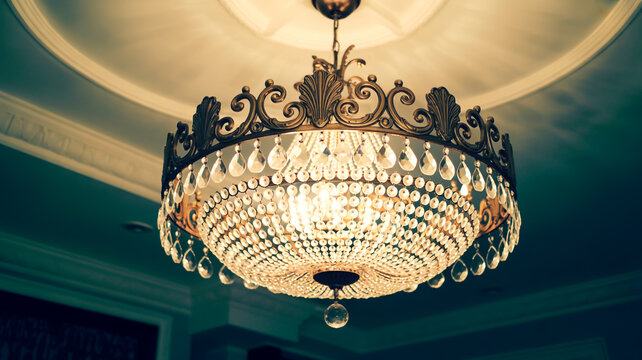 A luxurious crystal chandelier hanging from an ornate ceiling with white crown molding.