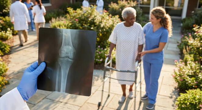 Doctor hand holding knee x-ray with senior patient walking in garden background.